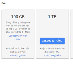 Hướng dẫn cách thức nâng cấp tài khoản Google Drive lên 100GB