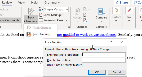 lock track changes feature microsoft word 2