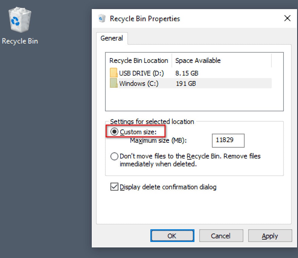 selecting custom size for recycle bin