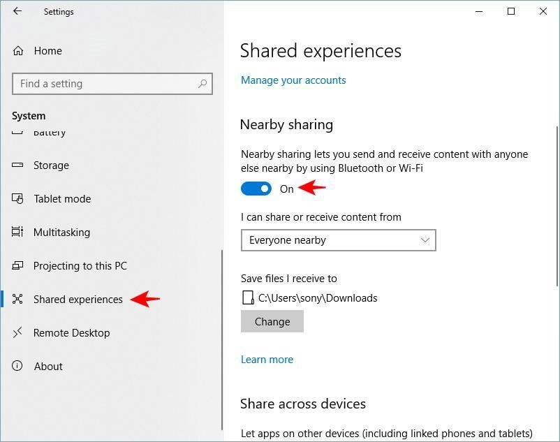chia se file win10 nearby sharing 1