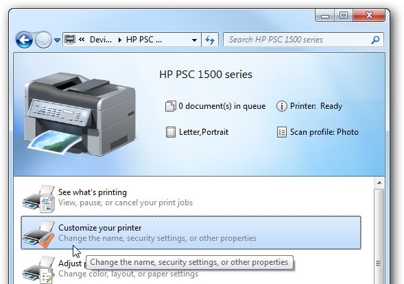 customize printer option windows pc