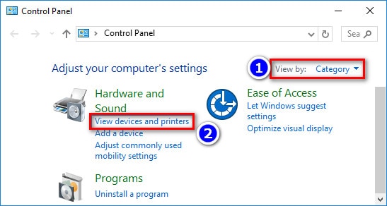 devices and printers option control panel windows 10