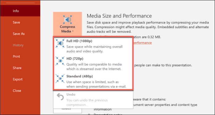 powerpoint compress media options