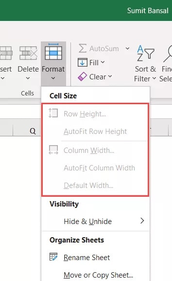 row height and column options grayed out