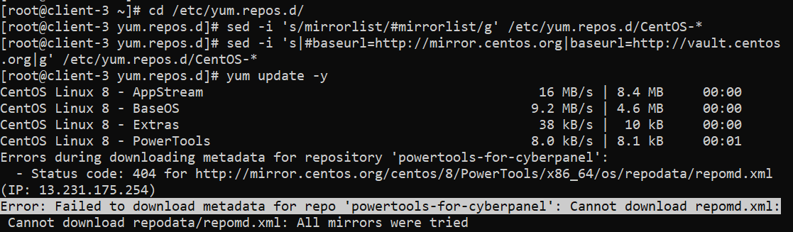 failed to download metadata for repo powertools for cyberpanel